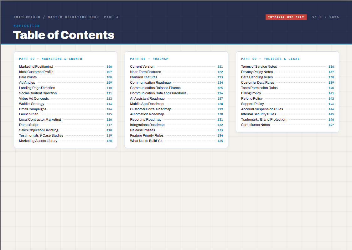 GutterCloud marketing roadmap and legal table of contents