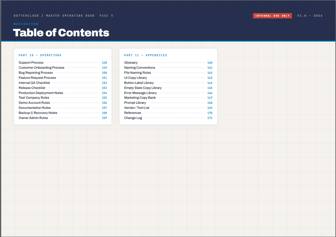 GutterCloud operations and appendix table of contents