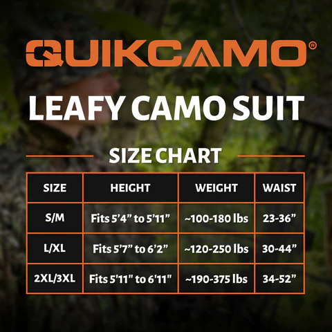 QuikCamo suit size chart