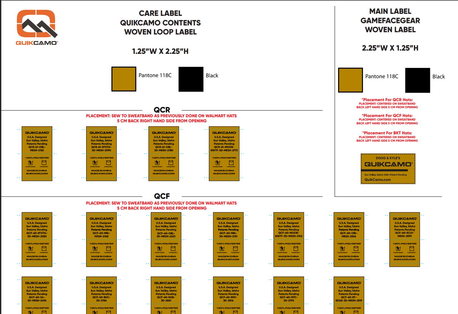 QuikCamo woven label specifications