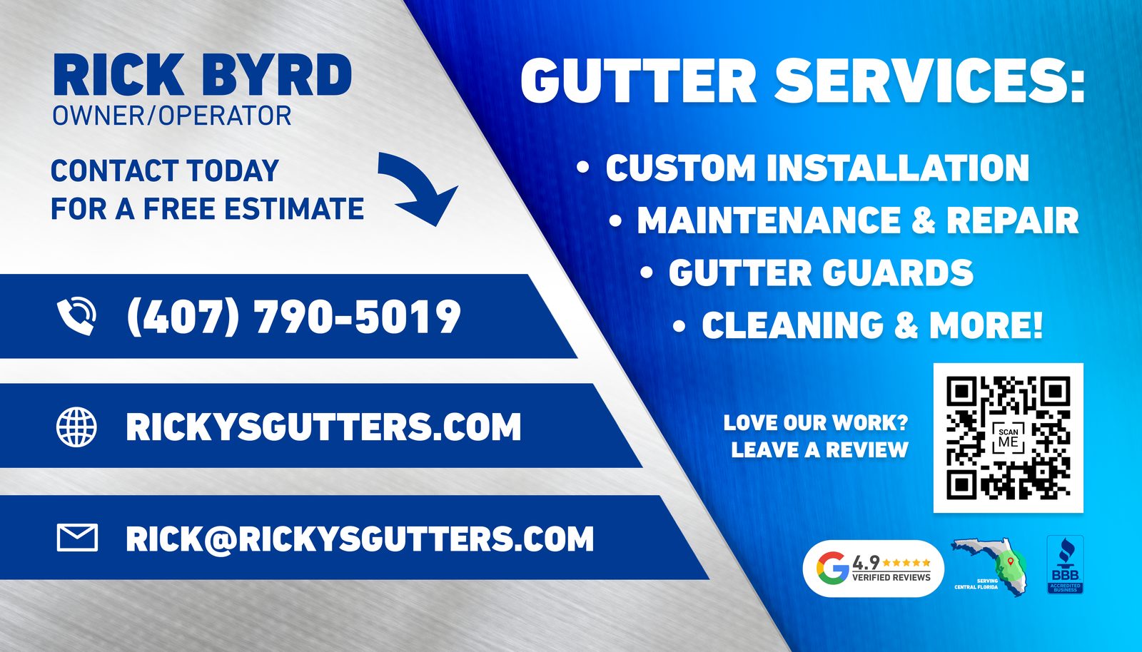 Ricky's Gutters business card, back